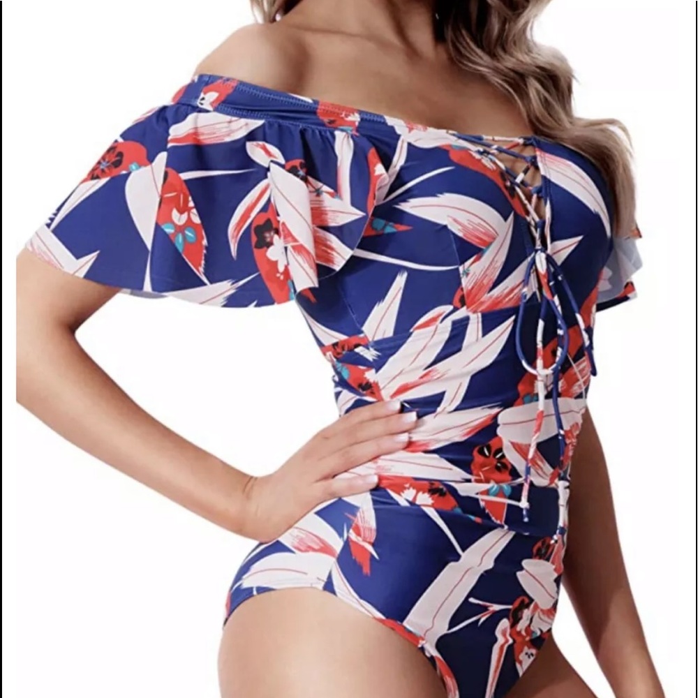 Peddney deep V ruffle one piece swimwear
